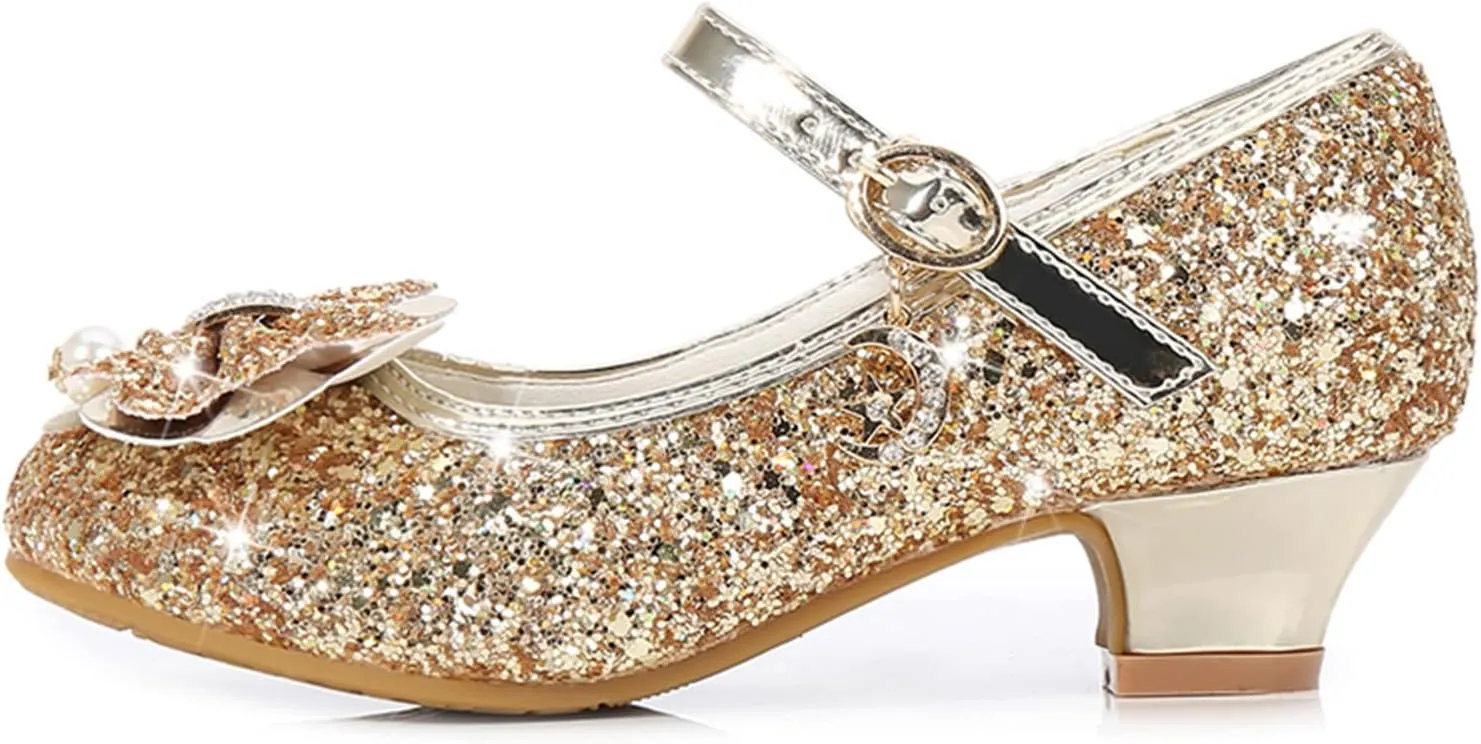 Toddler Girls Sparkly Shoes Low Heels Dress Up Glitter Bowknot Kids Buckle Mary Jane Sandals Wedding