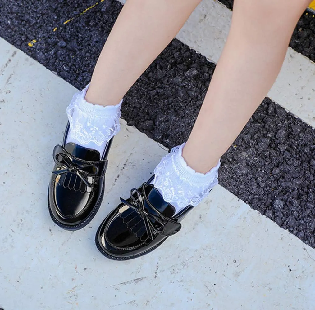 Toddler Little Kids Girls Patent Leather Slip On Penny Loafers Flats Tassel Bowknot Boat Casual Princess Dress Shoes