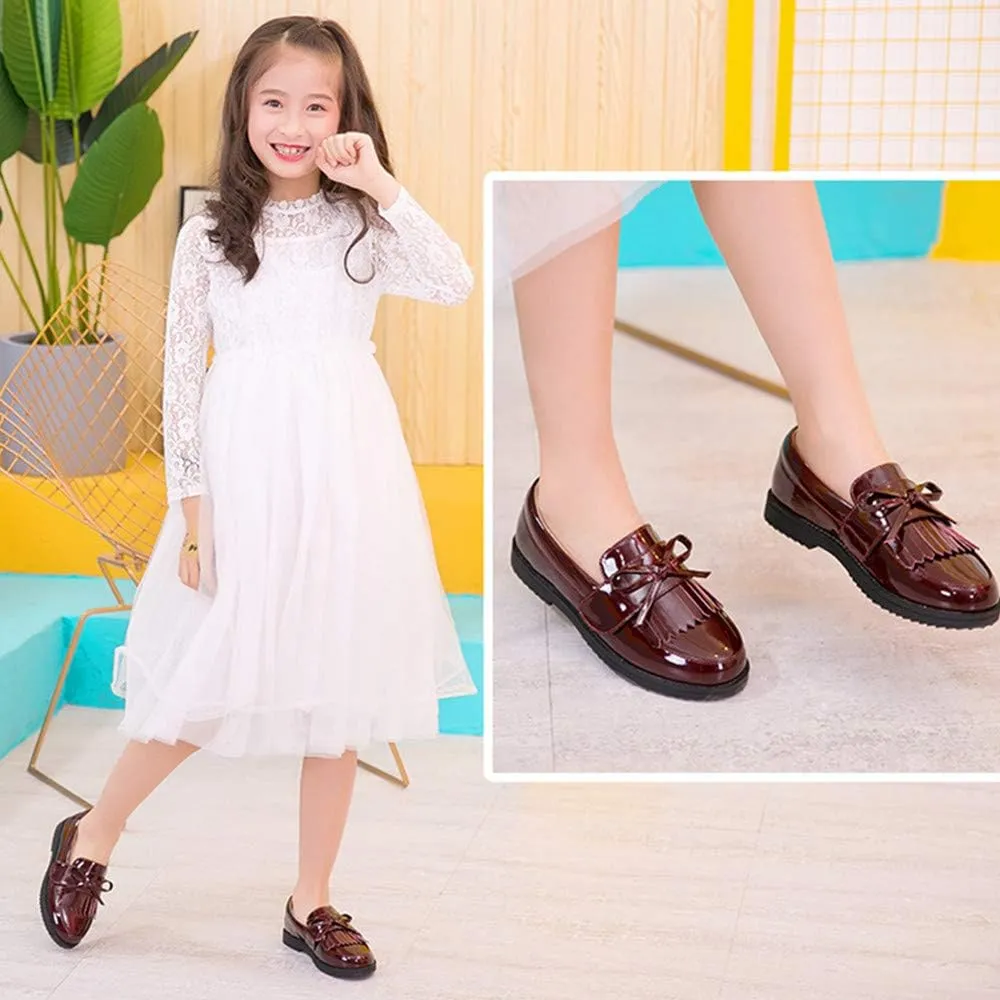Toddler Little Kids Girls Patent Leather Slip On Penny Loafers Flats Tassel Bowknot Boat Casual Princess Dress Shoes