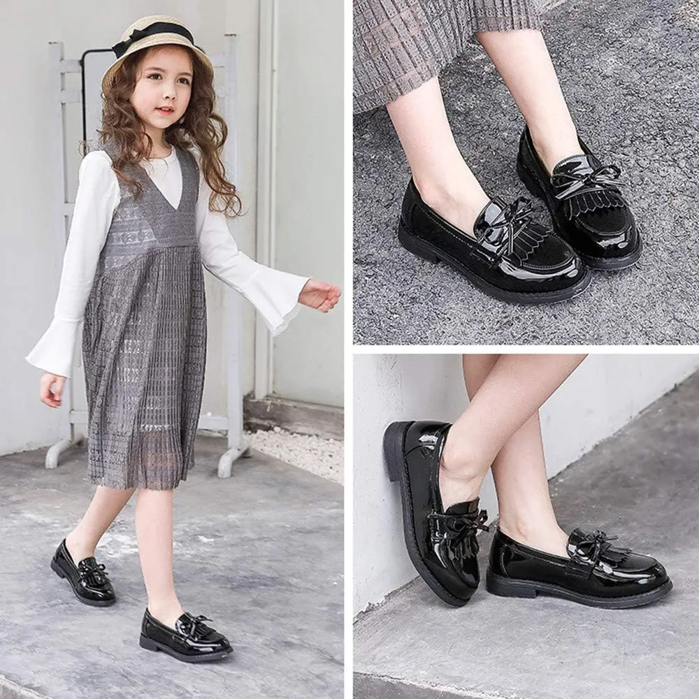 Toddler Little Kids Girls Patent Leather Slip On Penny Loafers Flats Tassel Bowknot Boat Casual Princess Dress Shoes