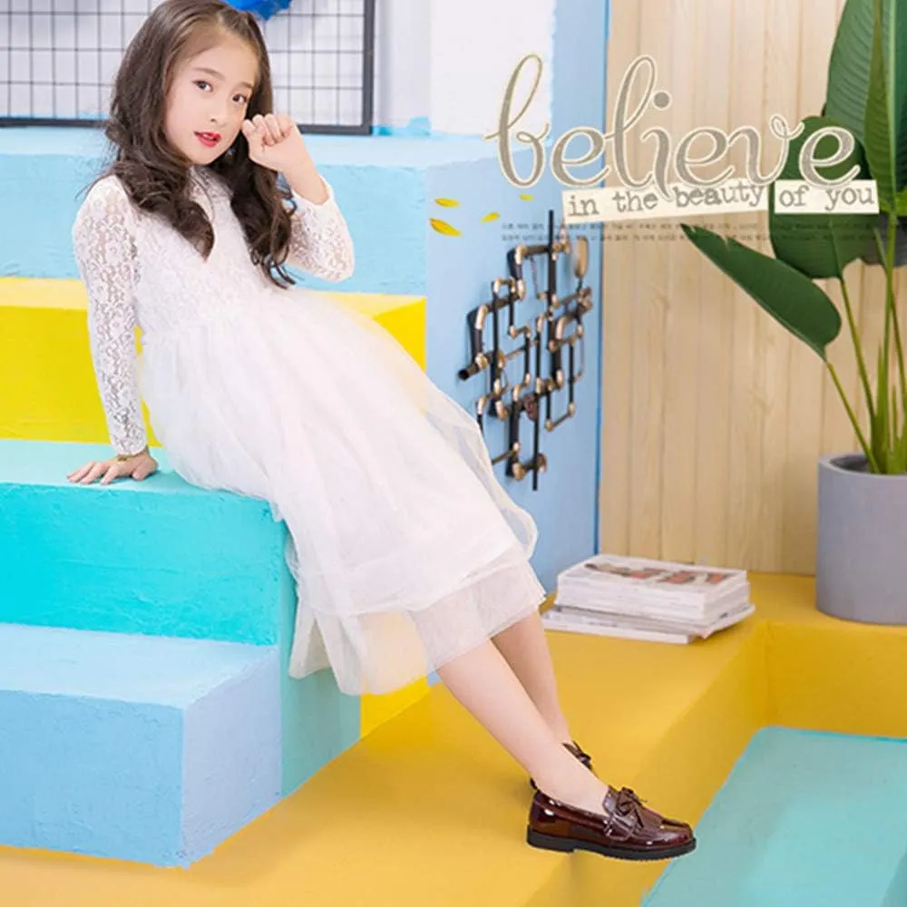 Toddler Little Kids Girls Patent Leather Slip On Penny Loafers Flats Tassel Bowknot Boat Casual Princess Dress Shoes