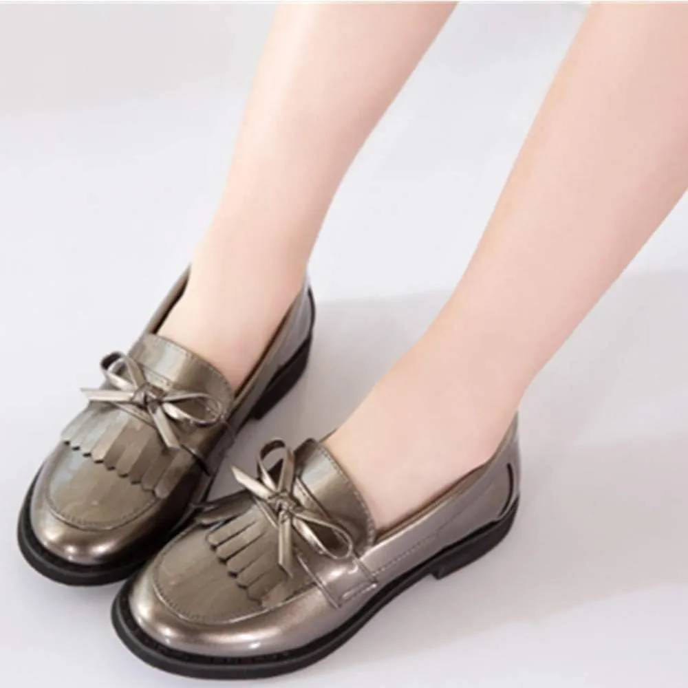 Toddler Little Kids Girls Patent Leather Slip On Penny Loafers Flats Tassel Bowknot Boat Casual Princess Dress Shoes