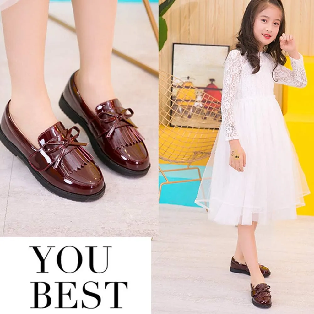 Toddler Little Kids Girls Patent Leather Slip On Penny Loafers Flats Tassel Bowknot Boat Casual Princess Dress Shoes