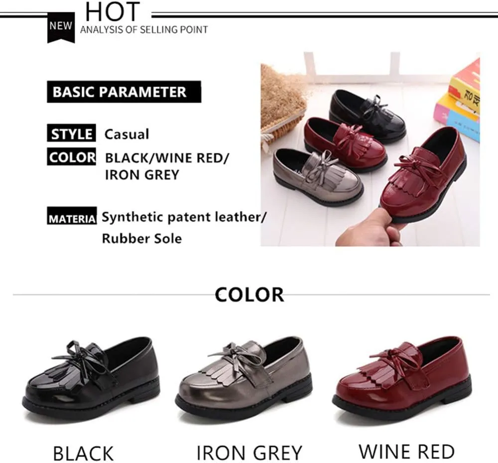 Toddler Little Kids Girls Patent Leather Slip On Penny Loafers Flats Tassel Bowknot Boat Casual Princess Dress Shoes