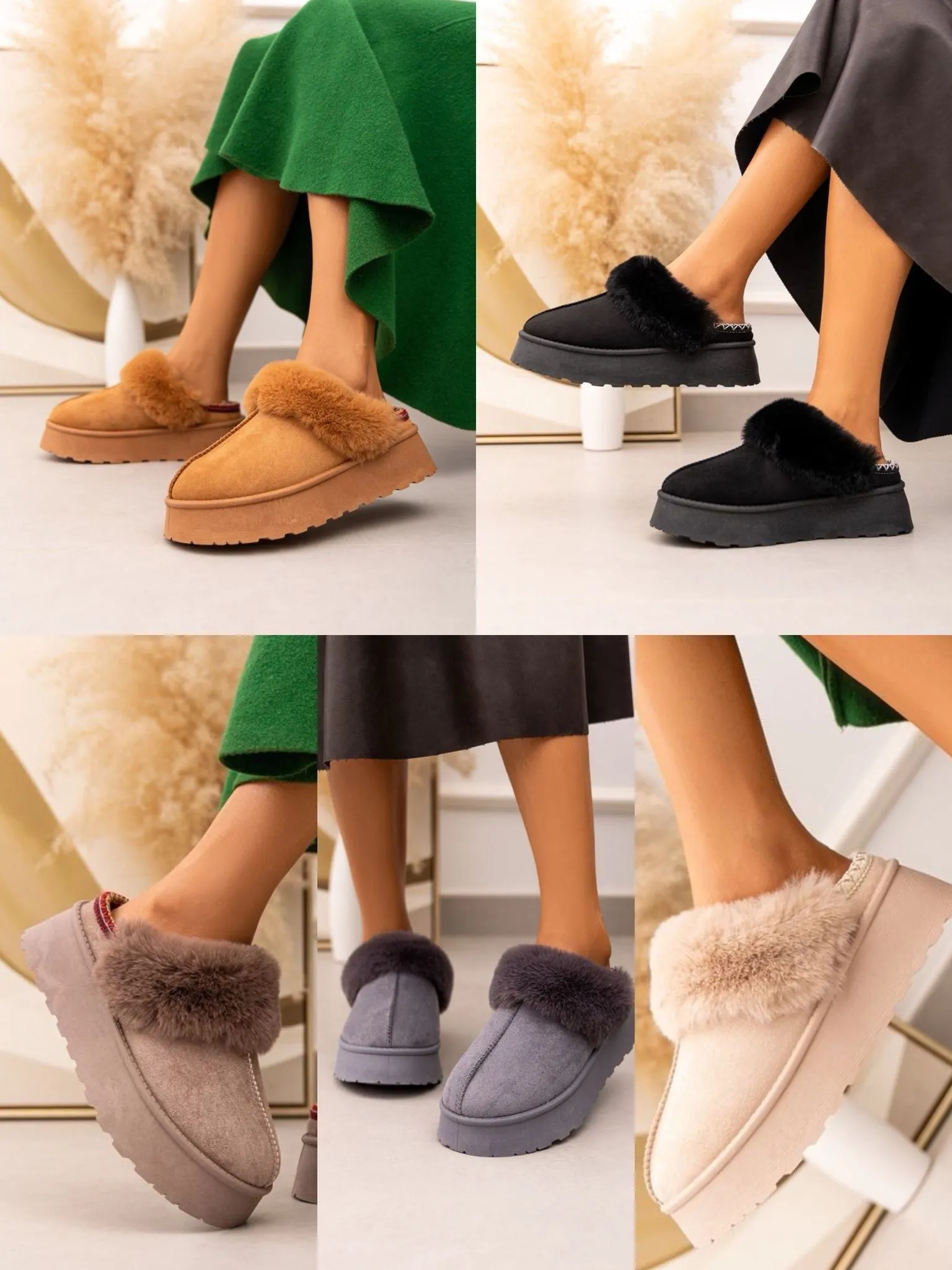 ULTRA MINI PLATFORM FLUFFY FURR ANKLE SLIPPERS IN BLACK