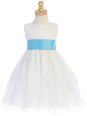 White Glitter Tulle Flower Girl Dress w/ Choice Satin Sash & Bow (7-77)