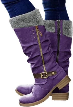 Winter Warm Low Heel Knight Boots Retro Round Toe Western Boots Low Heel Mid Calf Winter Boots Side Zip Platform Hiking Boot Outdoor Shoes