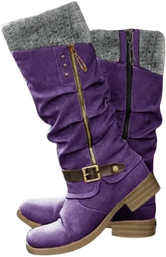Winter Warm Low Heel Knight Boots Retro Round Toe Western Boots Low Heel Mid Calf Winter Boots Side Zip Platform Hiking Boot Outdoor Shoes