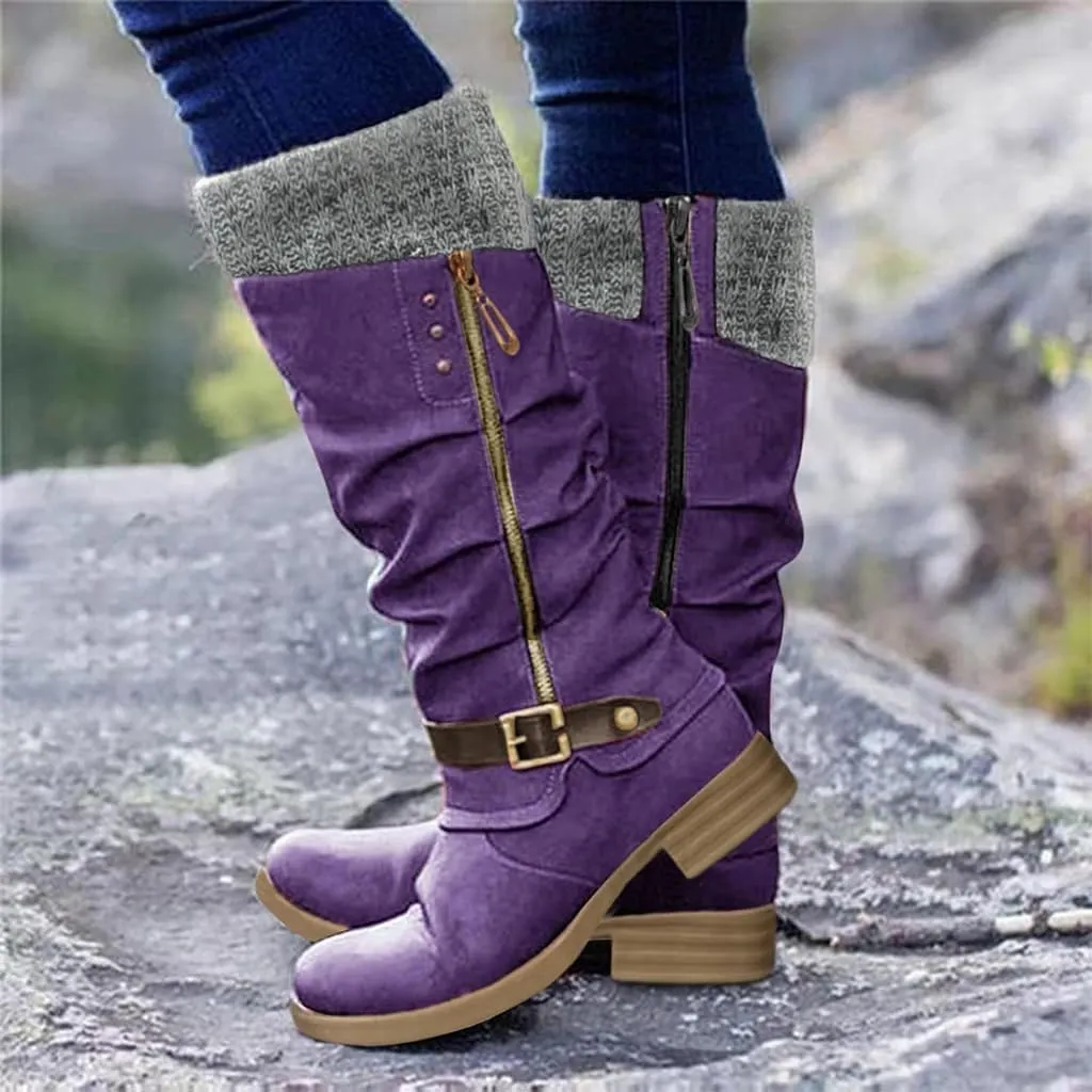 Winter Warm Low Heel Knight Boots Retro Round Toe Western Boots Low Heel Mid Calf Winter Boots Side Zip Platform Hiking Boot Outdoor Shoes