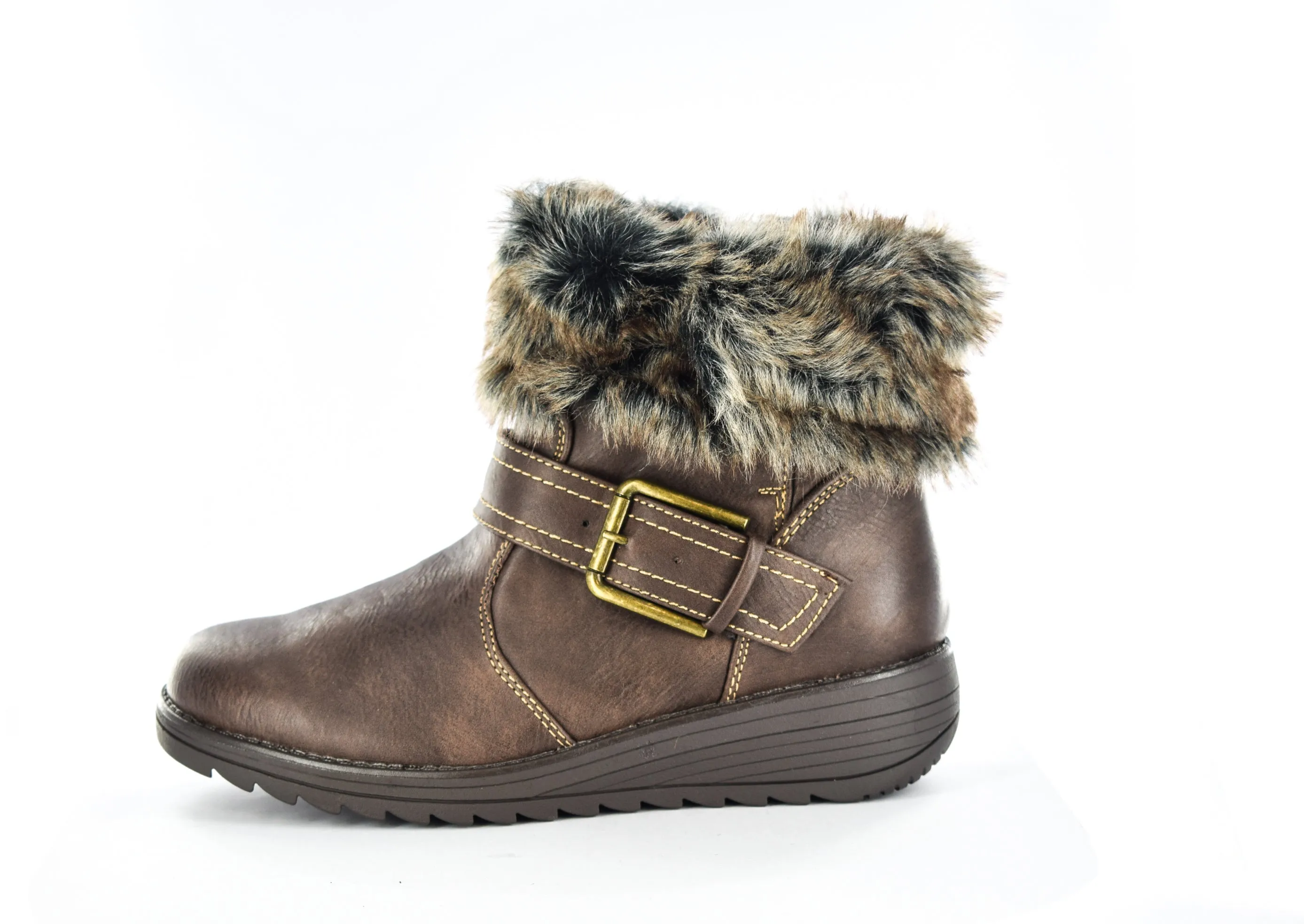 Women/Ladies Brown Brush PU Faux Leather Fur Collar Ankle Boots