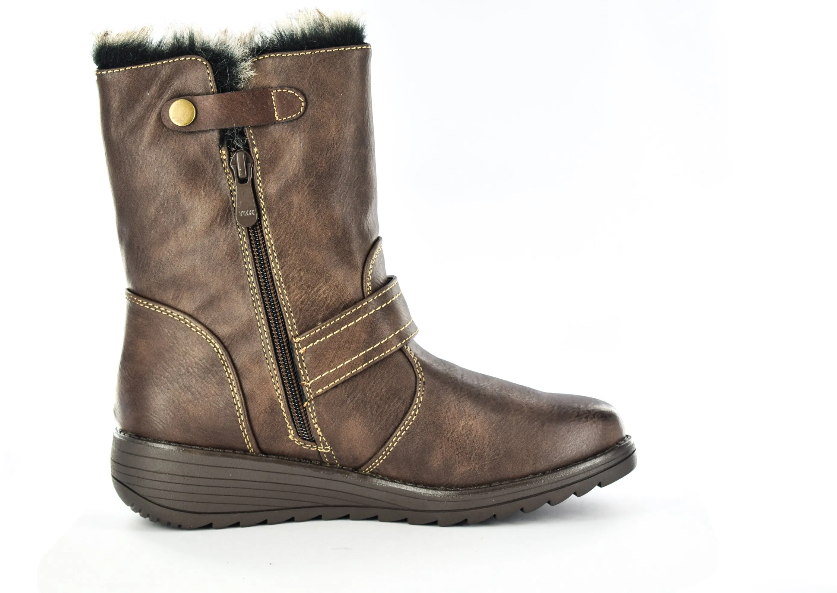 Women/Ladies Brown Brush PU Faux Leather Fur Collar Ankle Boots