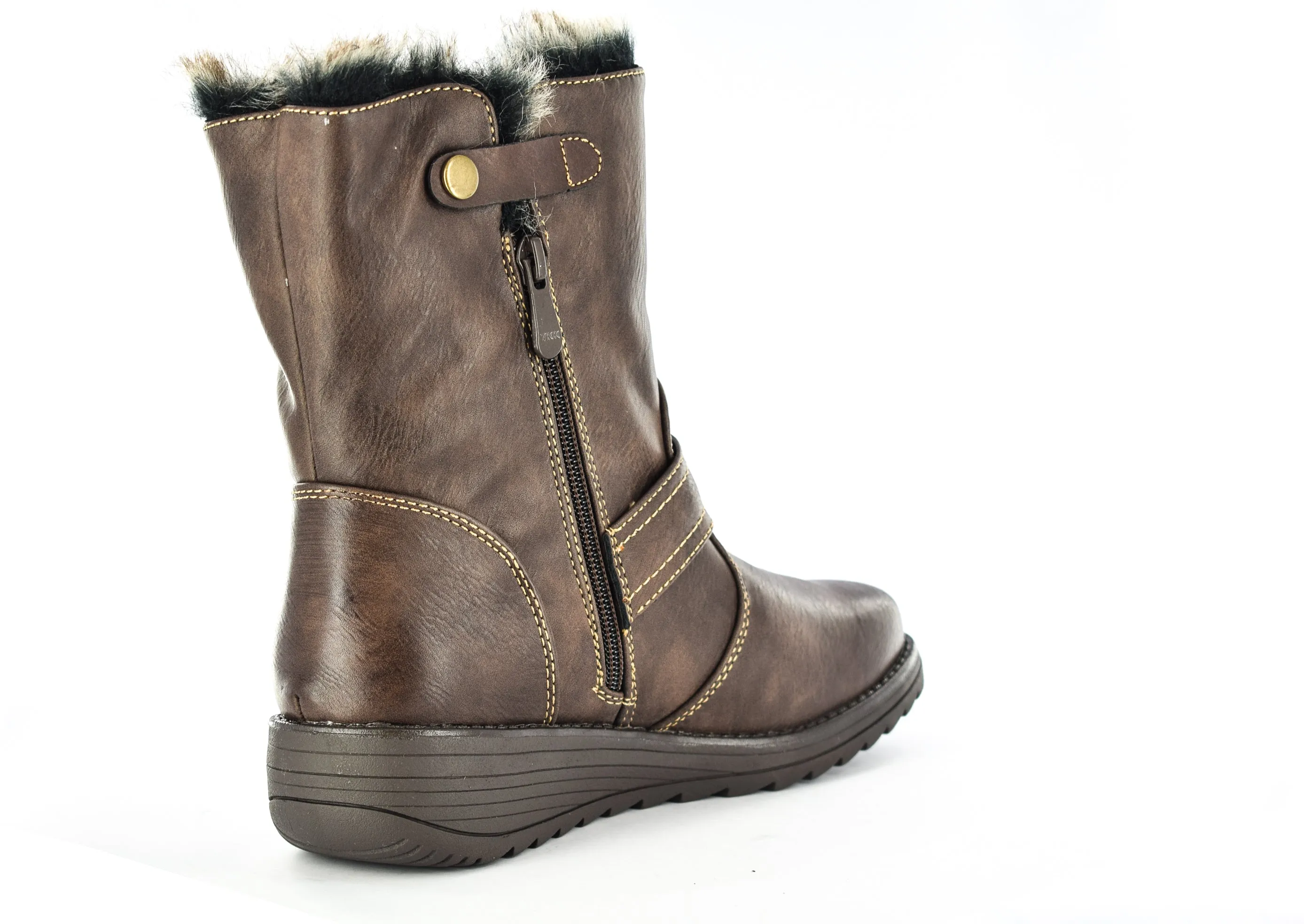 Women/Ladies Brown Brush PU Faux Leather Fur Collar Ankle Boots