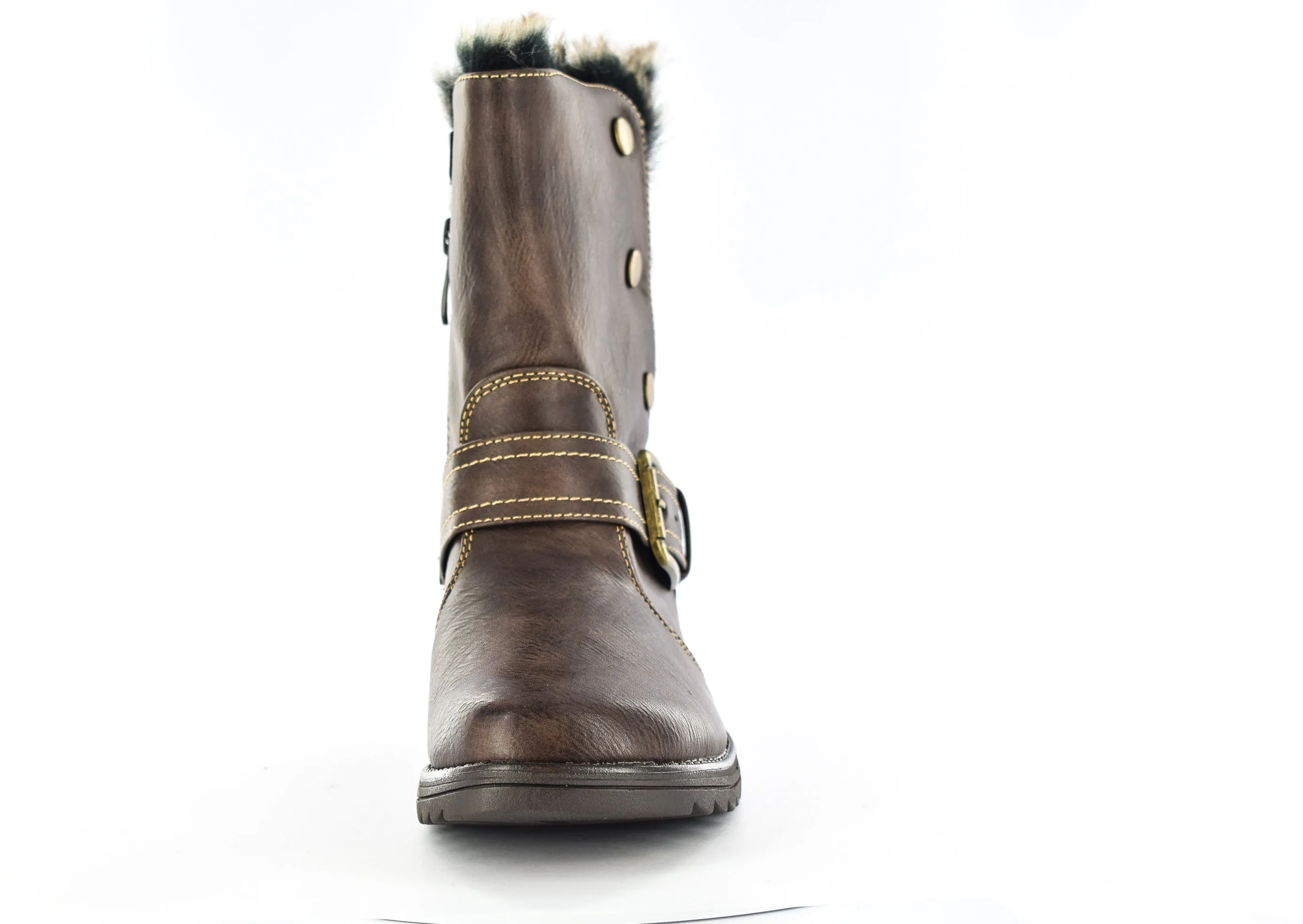 Women/Ladies Brown Brush PU Faux Leather Fur Collar Ankle Boots