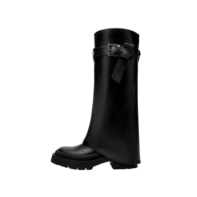 Women's Buckled Knee-High Shaft Boot Platform Chunky Heel Boots