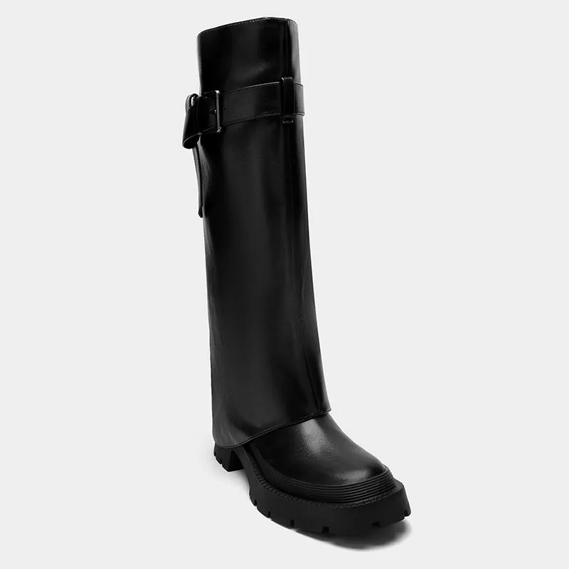 Women's Buckled Knee-High Shaft Boot Platform Chunky Heel Boots
