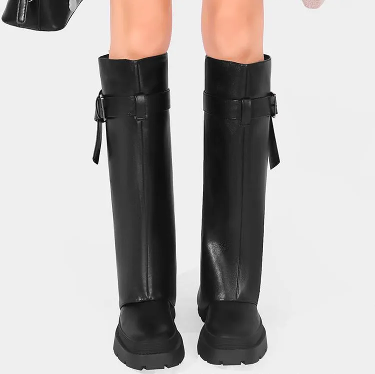 Women's Buckled Knee-High Shaft Boot Platform Chunky Heel Boots