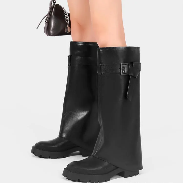 Women's Buckled Knee-High Shaft Boot Platform Chunky Heel Boots