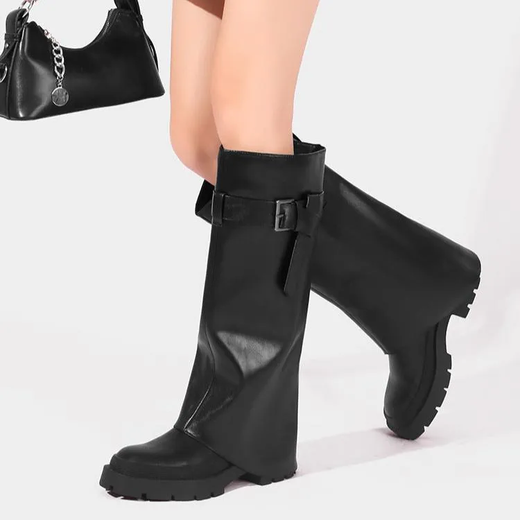 Women's Buckled Knee-High Shaft Boot Platform Chunky Heel Boots