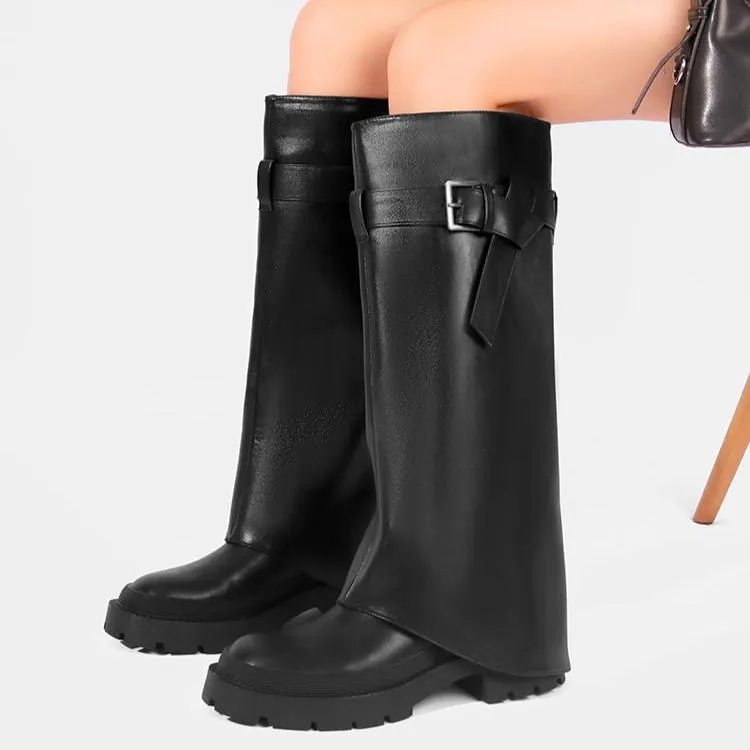 Women's Buckled Knee-High Shaft Boot Platform Chunky Heel Boots