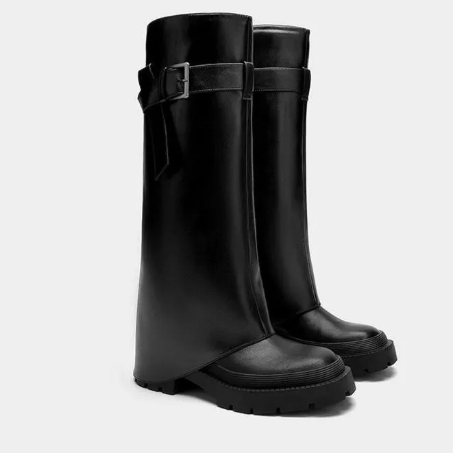 Women's Buckled Knee-High Shaft Boot Platform Chunky Heel Boots