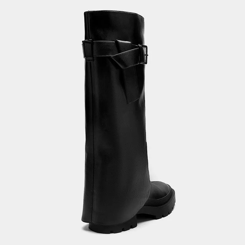 Women's Buckled Knee-High Shaft Boot Platform Chunky Heel Boots