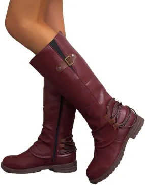 Women's Fashion Knee High Boots Side Zipper Motorcycle Boots Round Toe Chunky Low Heel Buckles Biker Riding Boots Fall Winter Dressy Boot Comfy Warm Platform Long Boots Wide Calf Boots