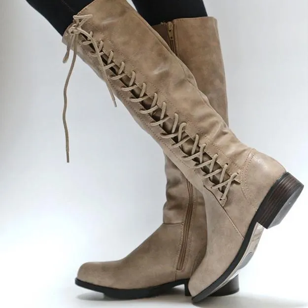 Women's knee high zipper boots side lace-up