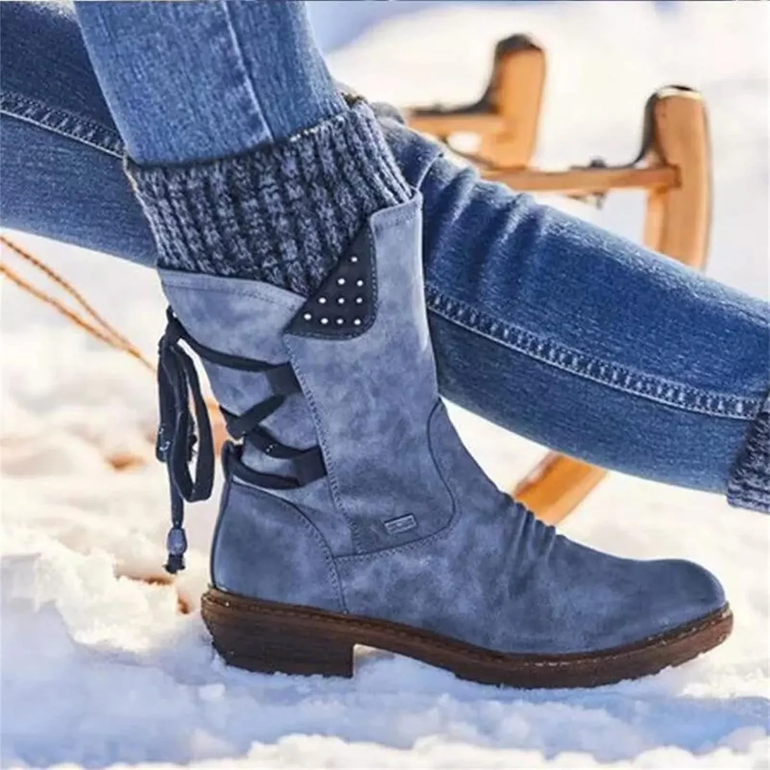 Women's Snow Boots Winter Warm Round Toe Lace Up Boot Western Platform Cowboy Boots Hiking Booties Non Slip Outdoor Mid Calf Boots Shoes