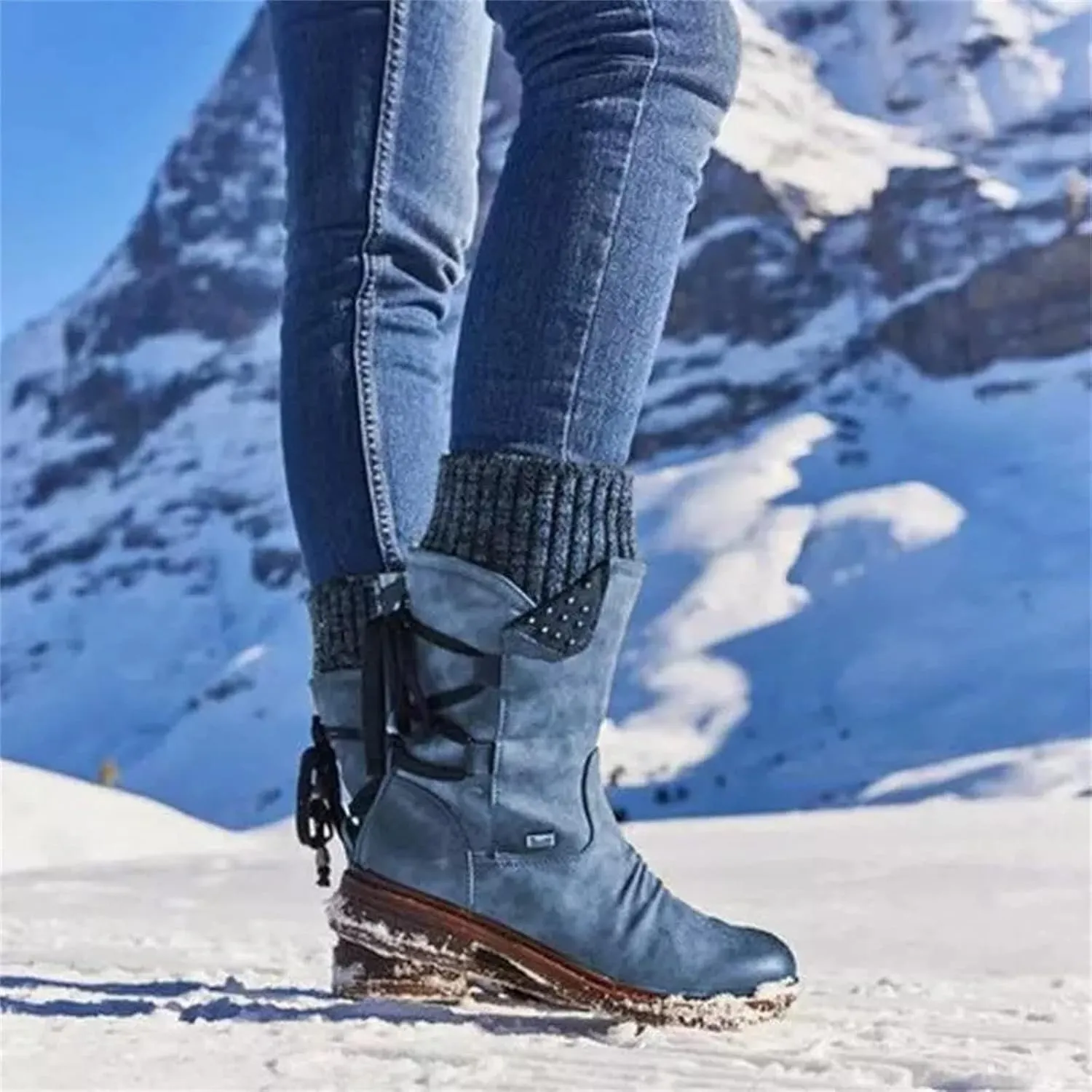 Women's Snow Boots Winter Warm Round Toe Lace Up Boot Western Platform Cowboy Boots Hiking Booties Non Slip Outdoor Mid Calf Boots Shoes