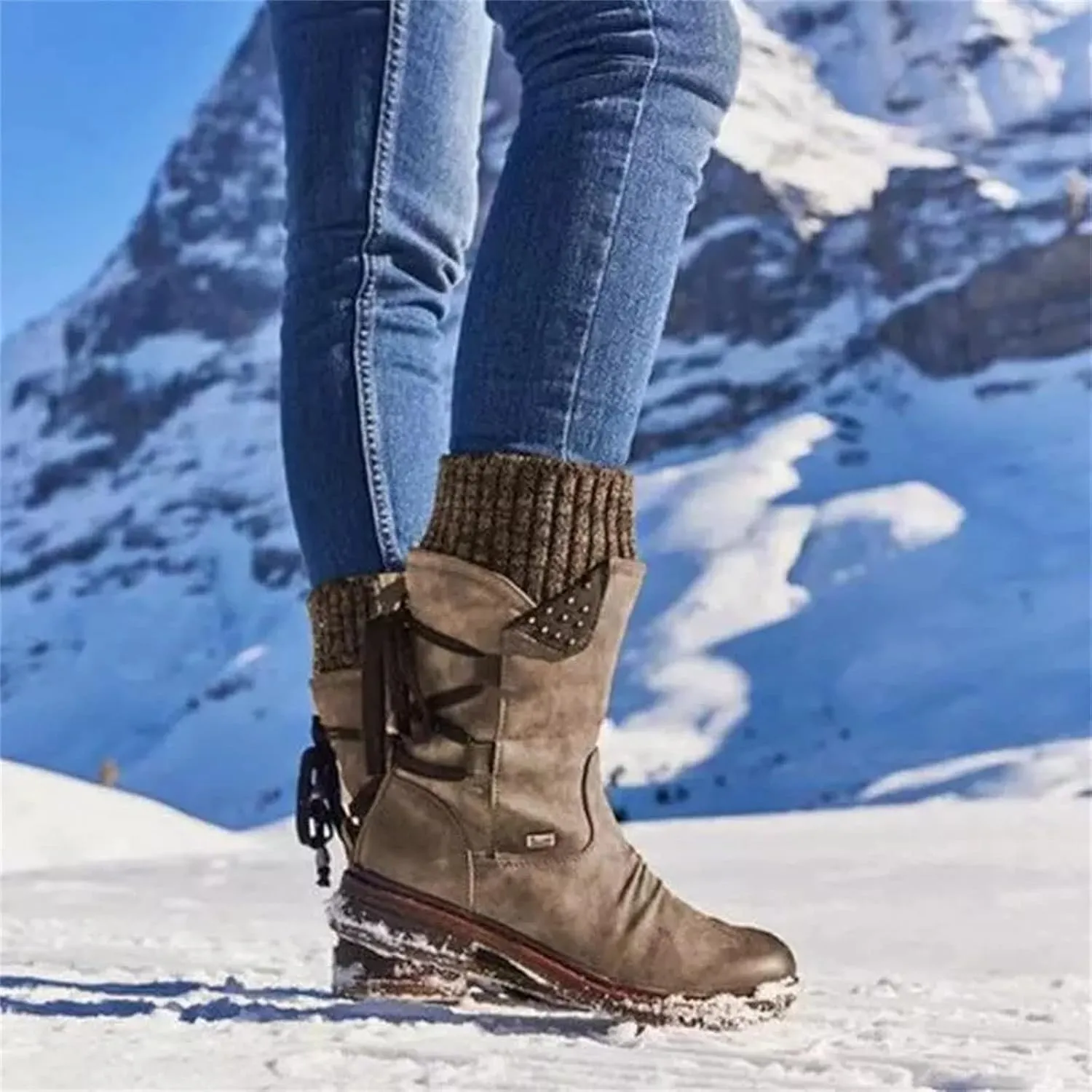 Women's Snow Boots Winter Warm Round Toe Lace Up Boot Western Platform Cowboy Boots Hiking Booties Non Slip Outdoor Mid Calf Boots Shoes