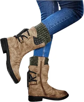 Women's Snow Boots Winter Warm Round Toe Lace Up Boot Western Platform Cowboy Boots Hiking Booties Non Slip Outdoor Mid Calf Boots Shoes