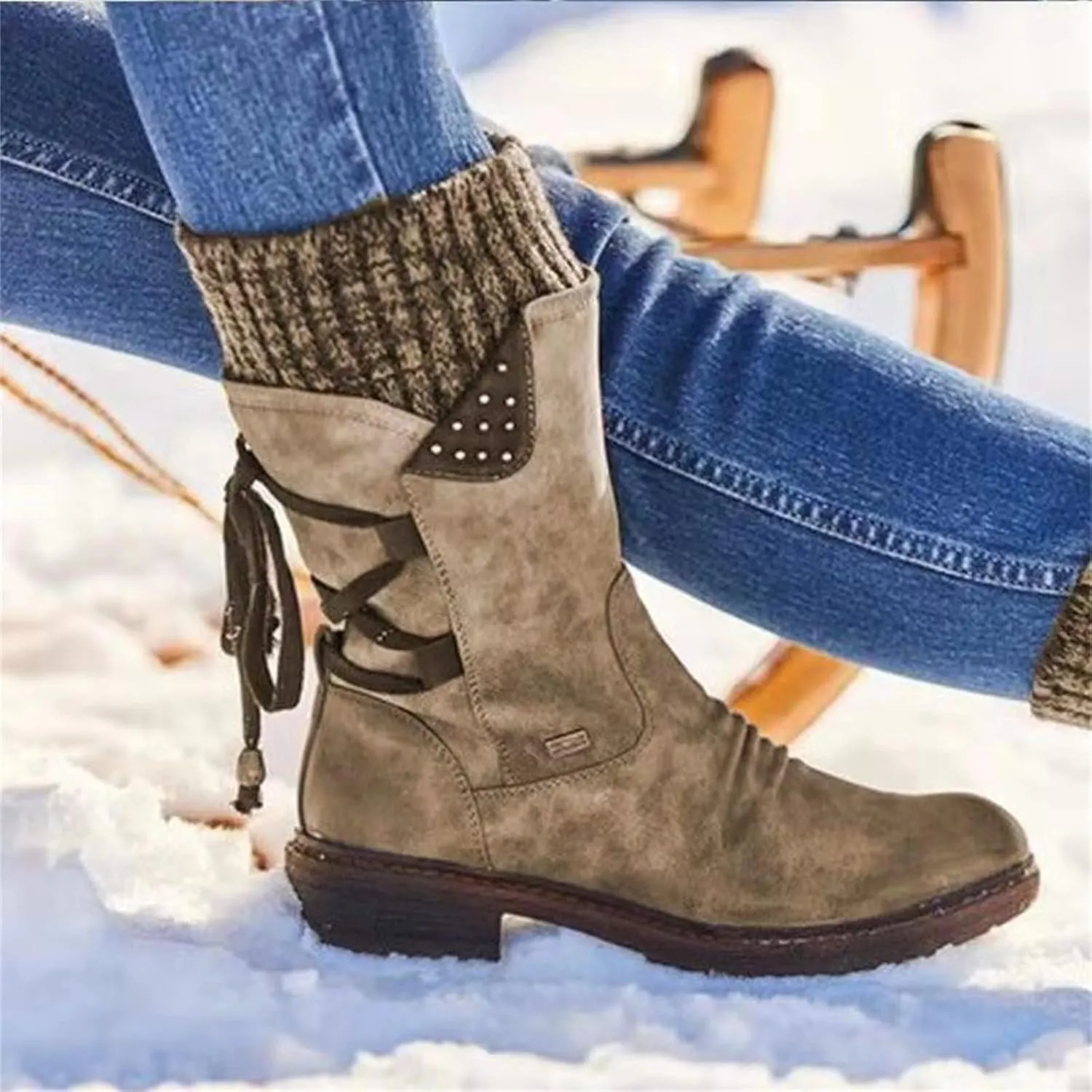 Women's Snow Boots Winter Warm Round Toe Lace Up Boot Western Platform Cowboy Boots Hiking Booties Non Slip Outdoor Mid Calf Boots Shoes