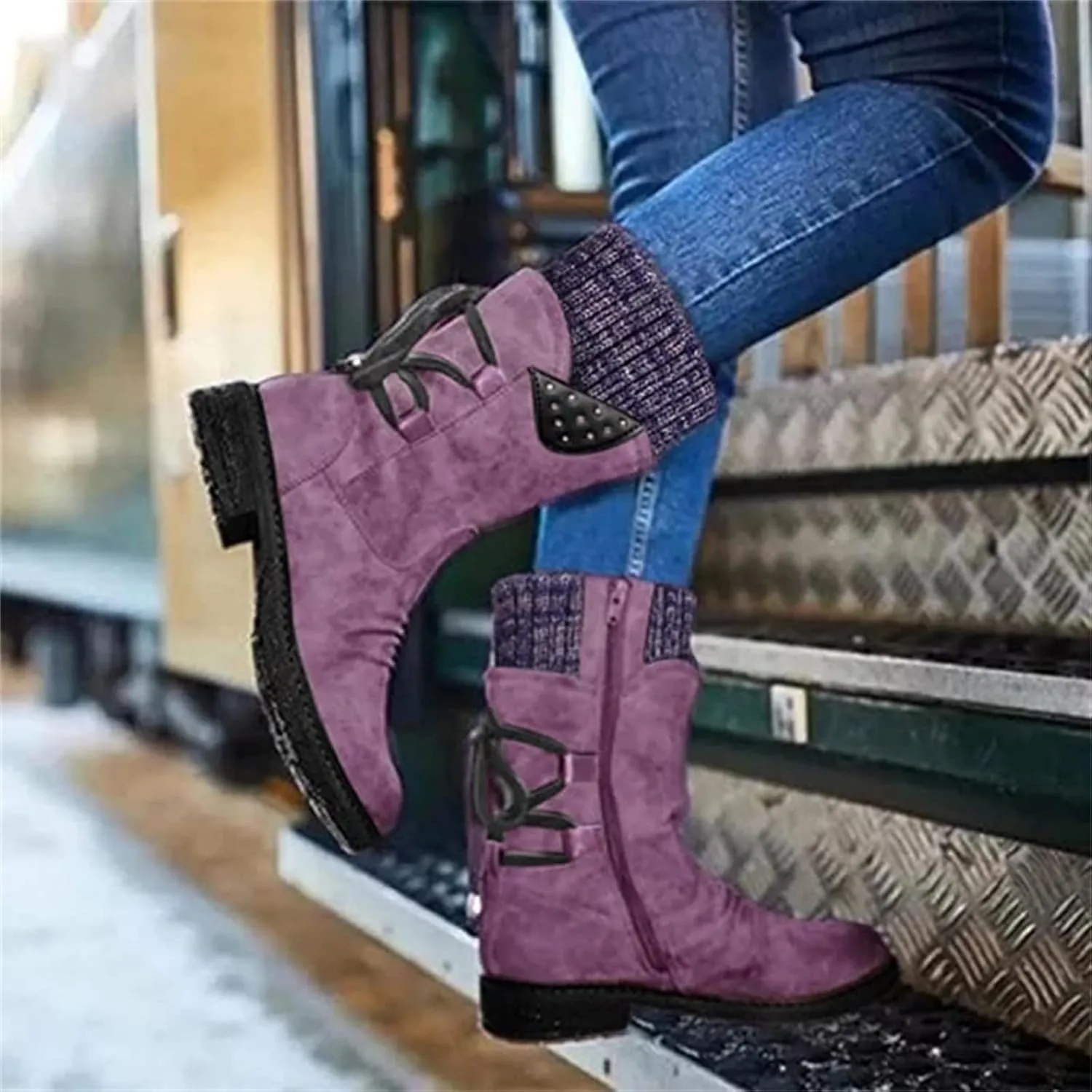 Women's Snow Boots Winter Warm Round Toe Lace Up Boot Western Platform Cowboy Boots Hiking Booties Non Slip Outdoor Mid Calf Boots Shoes