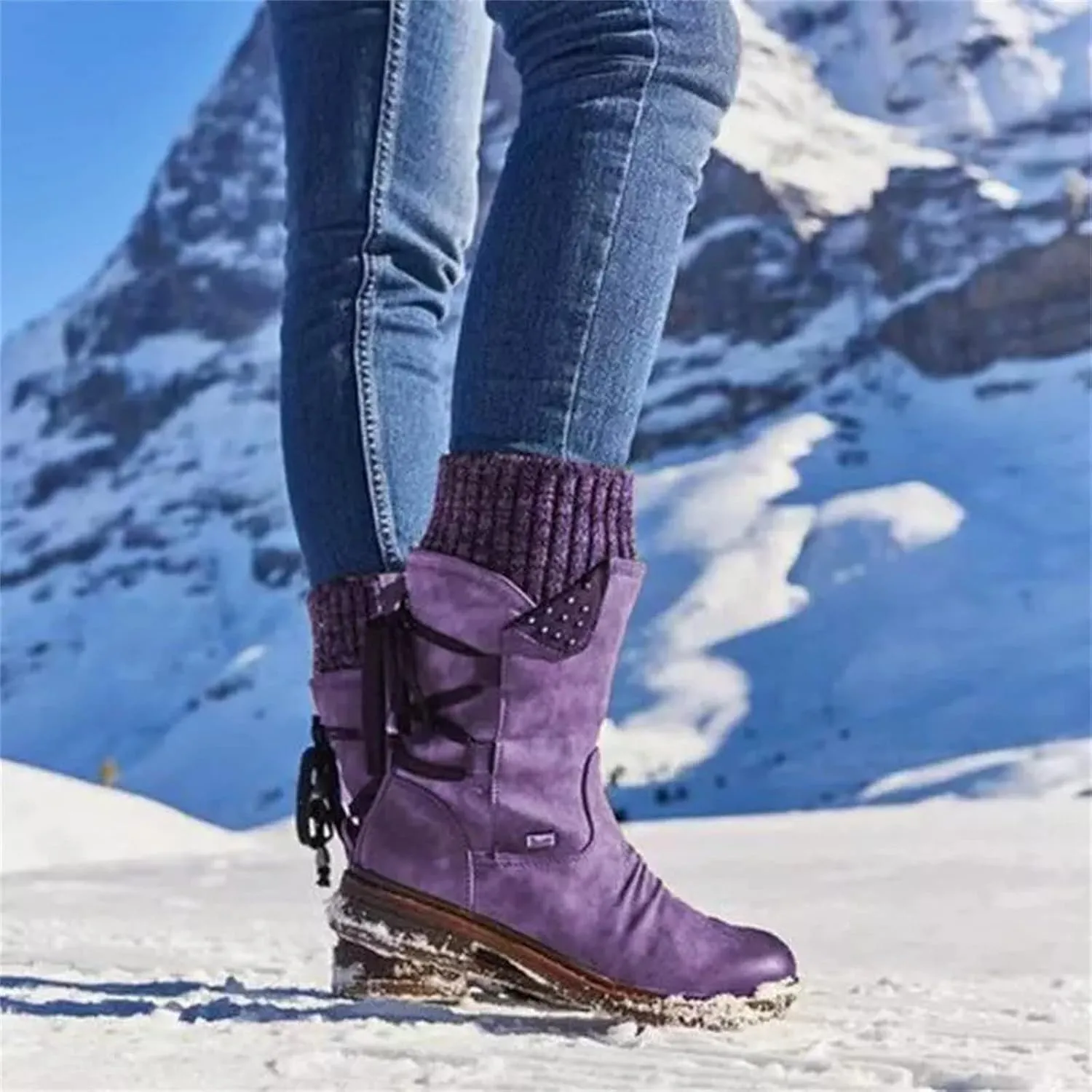 Women's Snow Boots Winter Warm Round Toe Lace Up Boot Western Platform Cowboy Boots Hiking Booties Non Slip Outdoor Mid Calf Boots Shoes