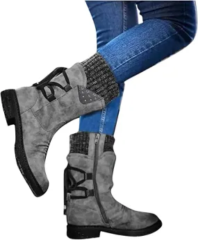Women's Snow Boots Winter Warm Round Toe Lace Up Boot Western Platform Cowboy Boots Hiking Booties Non Slip Outdoor Mid Calf Boots Shoes
