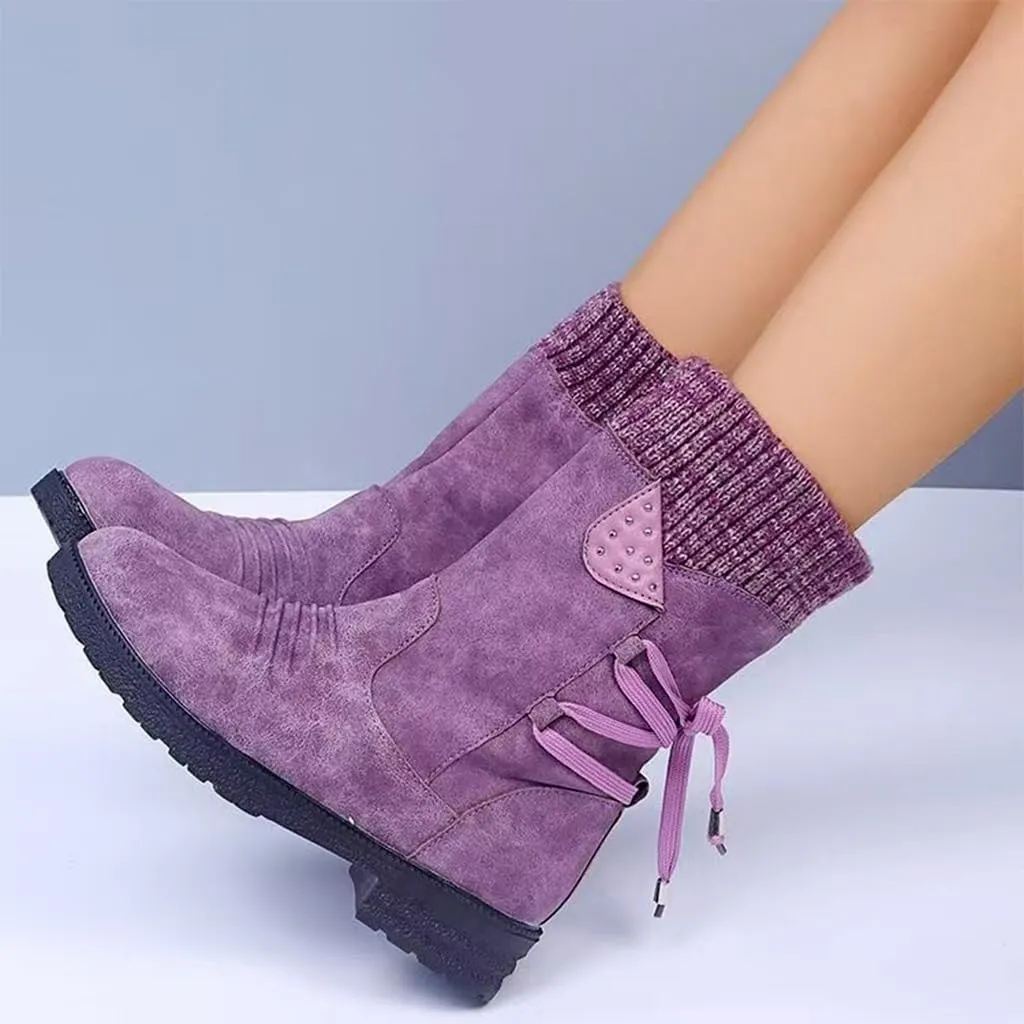 Women's Snow Boots Winter Warm Round Toe Lace Up Boot Western Platform Cowboy Boots Hiking Booties Non Slip Outdoor Mid Calf Boots Shoes