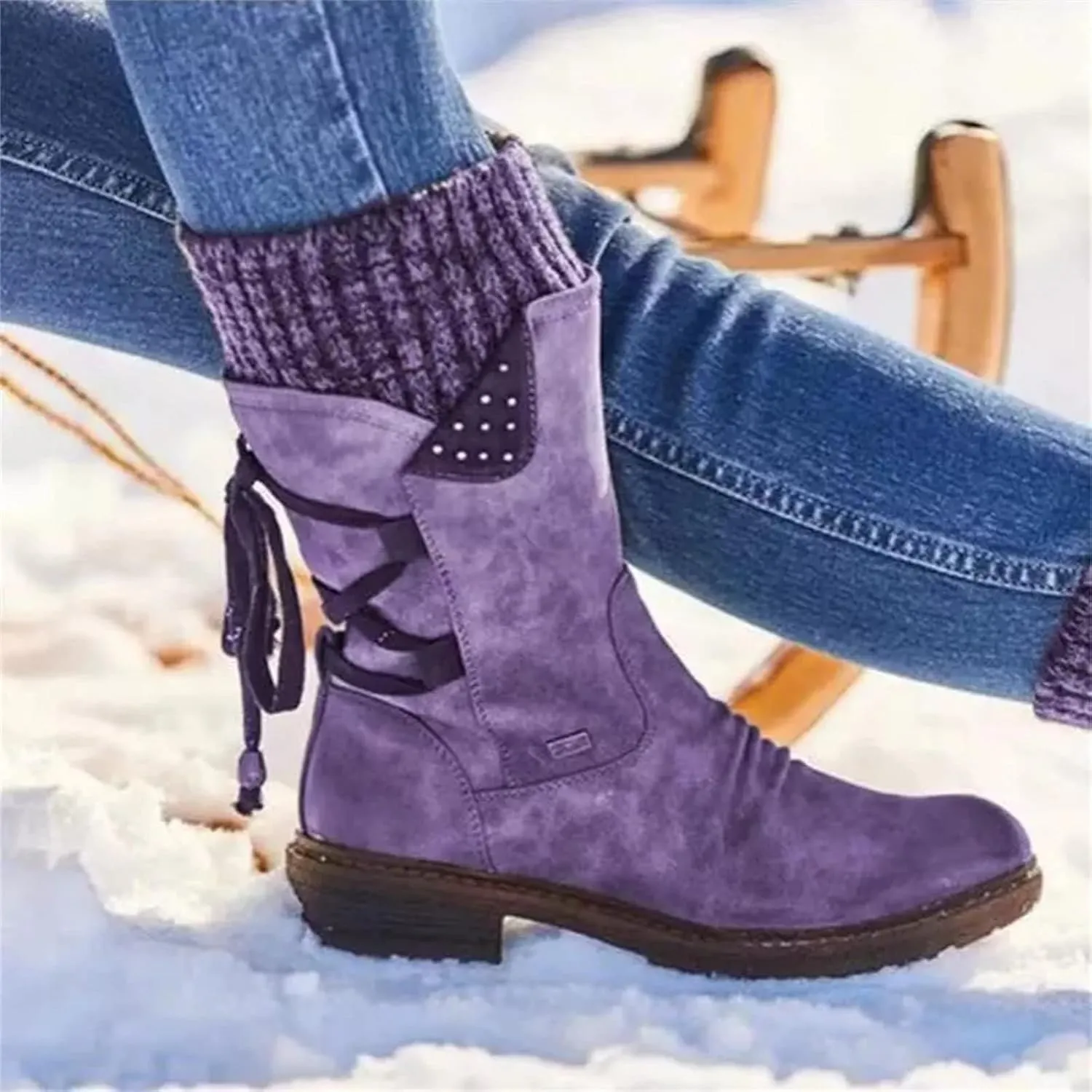 Women's Snow Boots Winter Warm Round Toe Lace Up Boot Western Platform Cowboy Boots Hiking Booties Non Slip Outdoor Mid Calf Boots Shoes