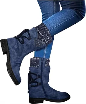 Women's Snow Boots Winter Warm Round Toe Lace Up Boot Western Platform Cowboy Boots Hiking Booties Non Slip Outdoor Mid Calf Boots Shoes