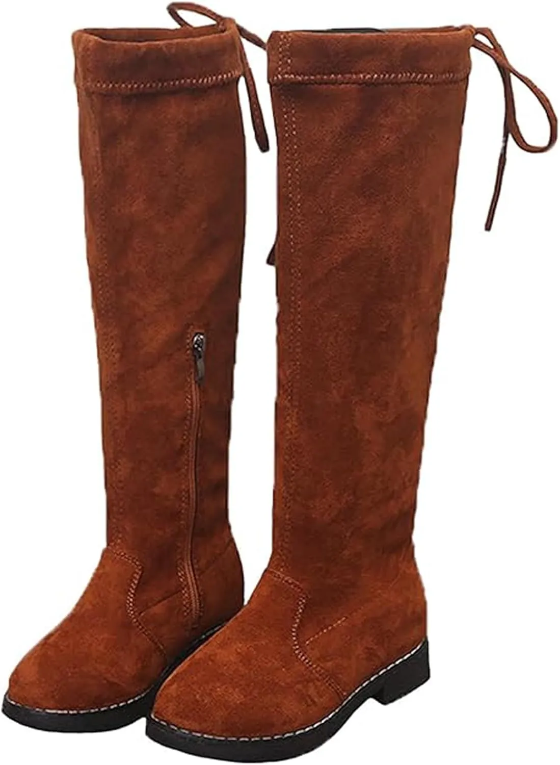 WUIWUIYU Girls Knee High Boots Ties Zipper String Suede Over Knee Long Boots Round Toe Lovely Princess Shoes