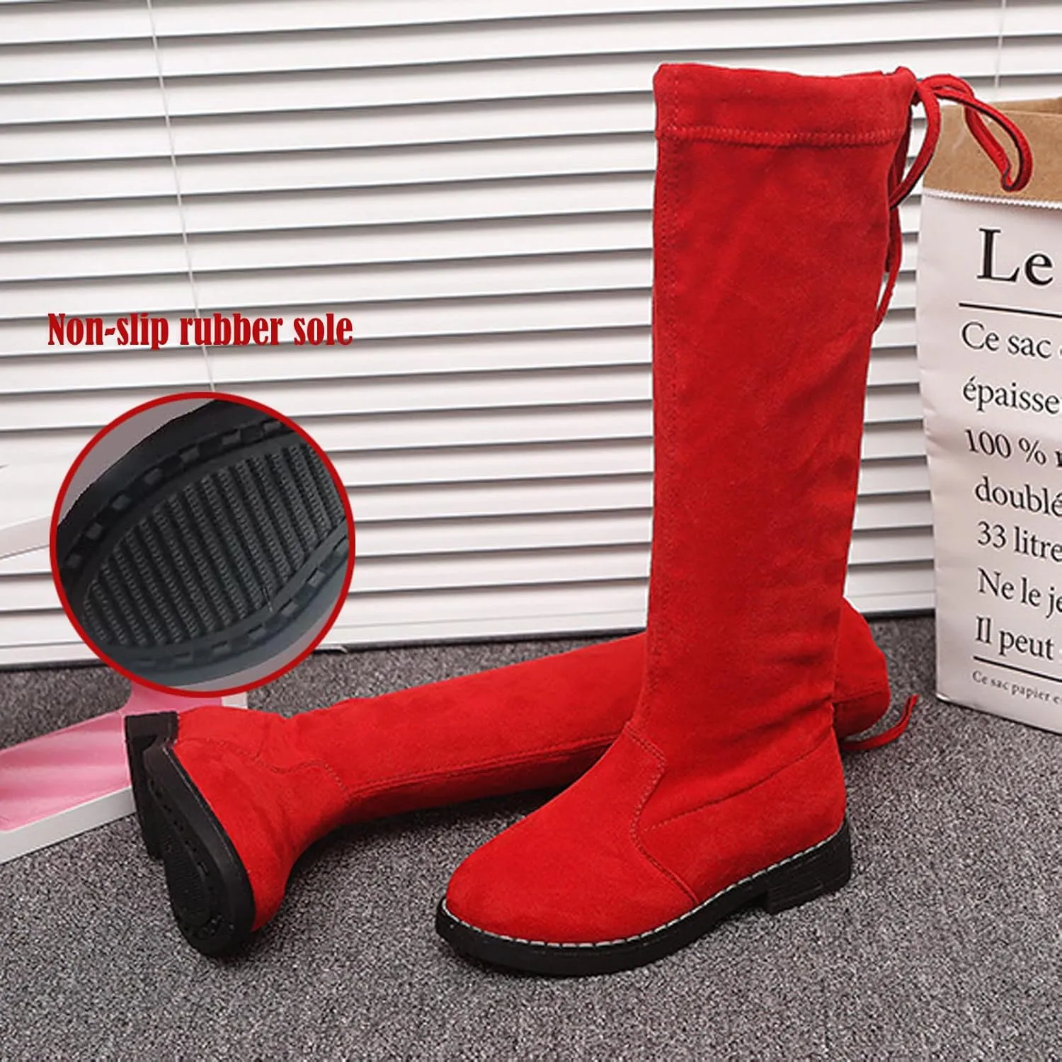 WUIWUIYU Girls Knee High Boots Ties Zipper String Suede Over Knee Long Boots Round Toe Lovely Princess Shoes