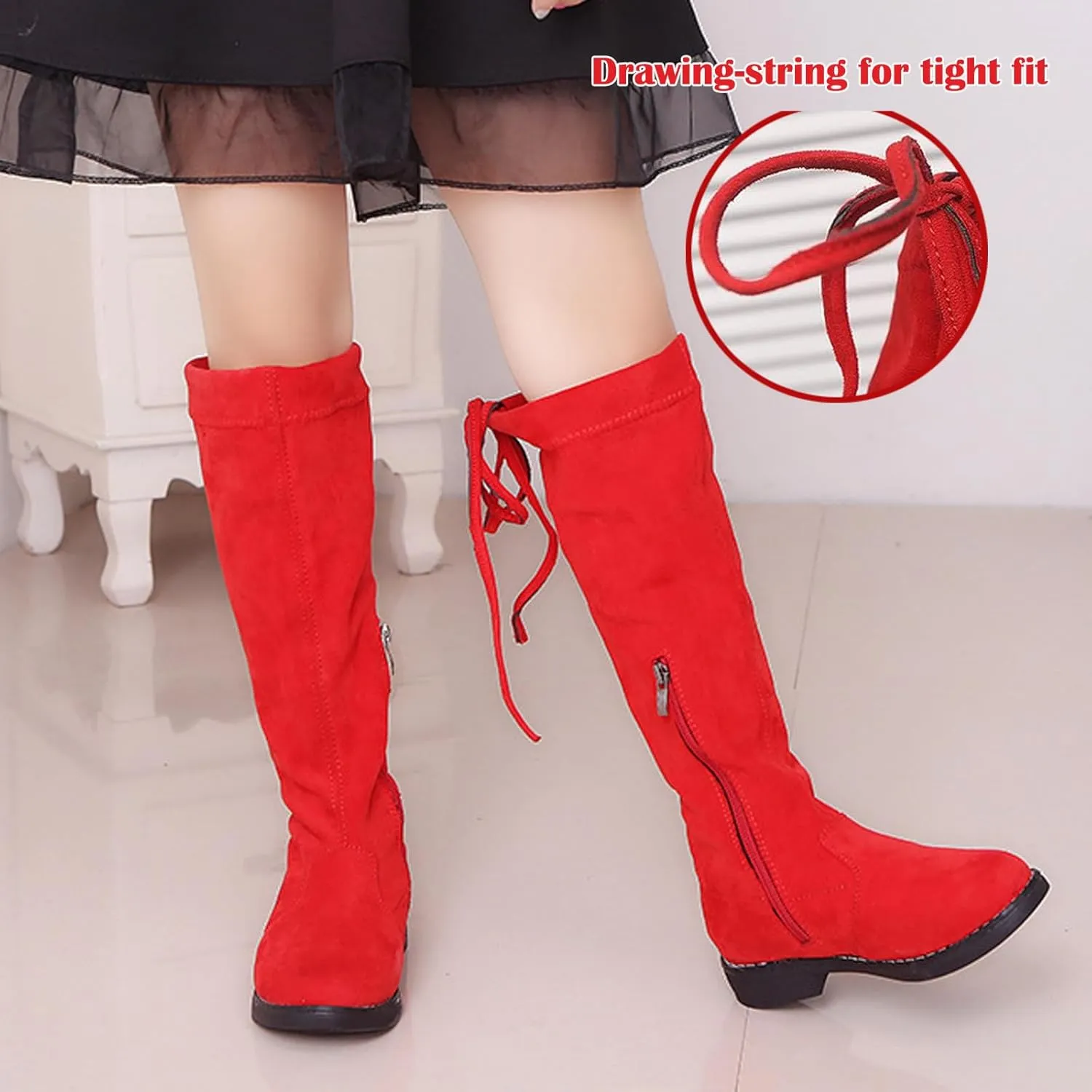 WUIWUIYU Girls Knee High Boots Ties Zipper String Suede Over Knee Long Boots Round Toe Lovely Princess Shoes