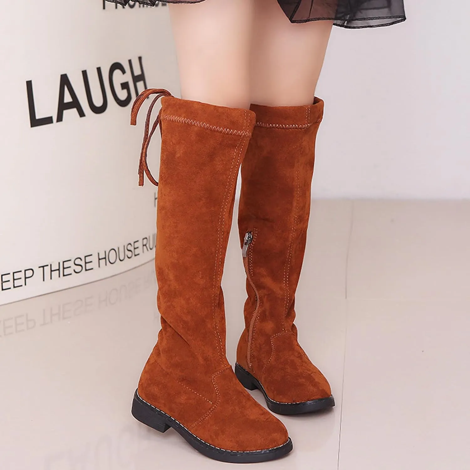 WUIWUIYU Girls Knee High Boots Ties Zipper String Suede Over Knee Long Boots Round Toe Lovely Princess Shoes