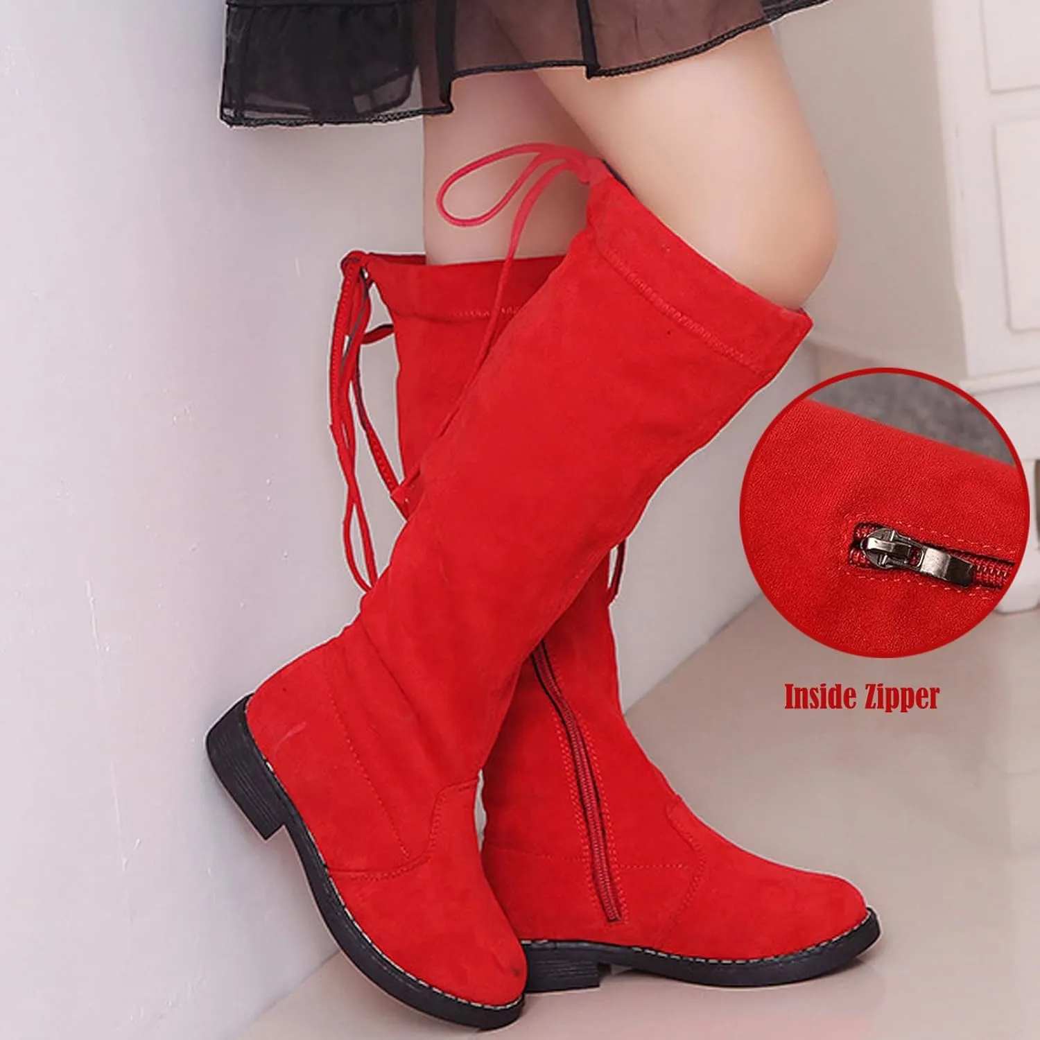 WUIWUIYU Girls Knee High Boots Ties Zipper String Suede Over Knee Long Boots Round Toe Lovely Princess Shoes