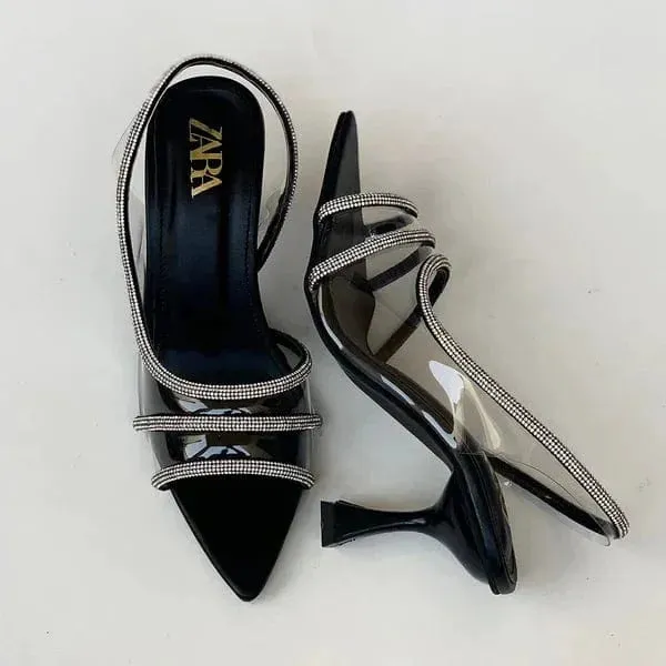 ZARA VINYL EMBELLISHED Diamante Heels - BLACK
